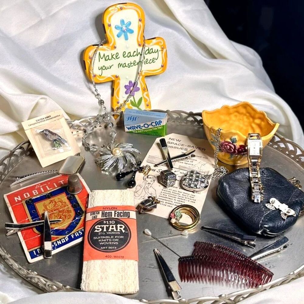 Lot Vintage Granny Jewelry Ephemera Sewing Notion Trinket Dish Cottagecore Party